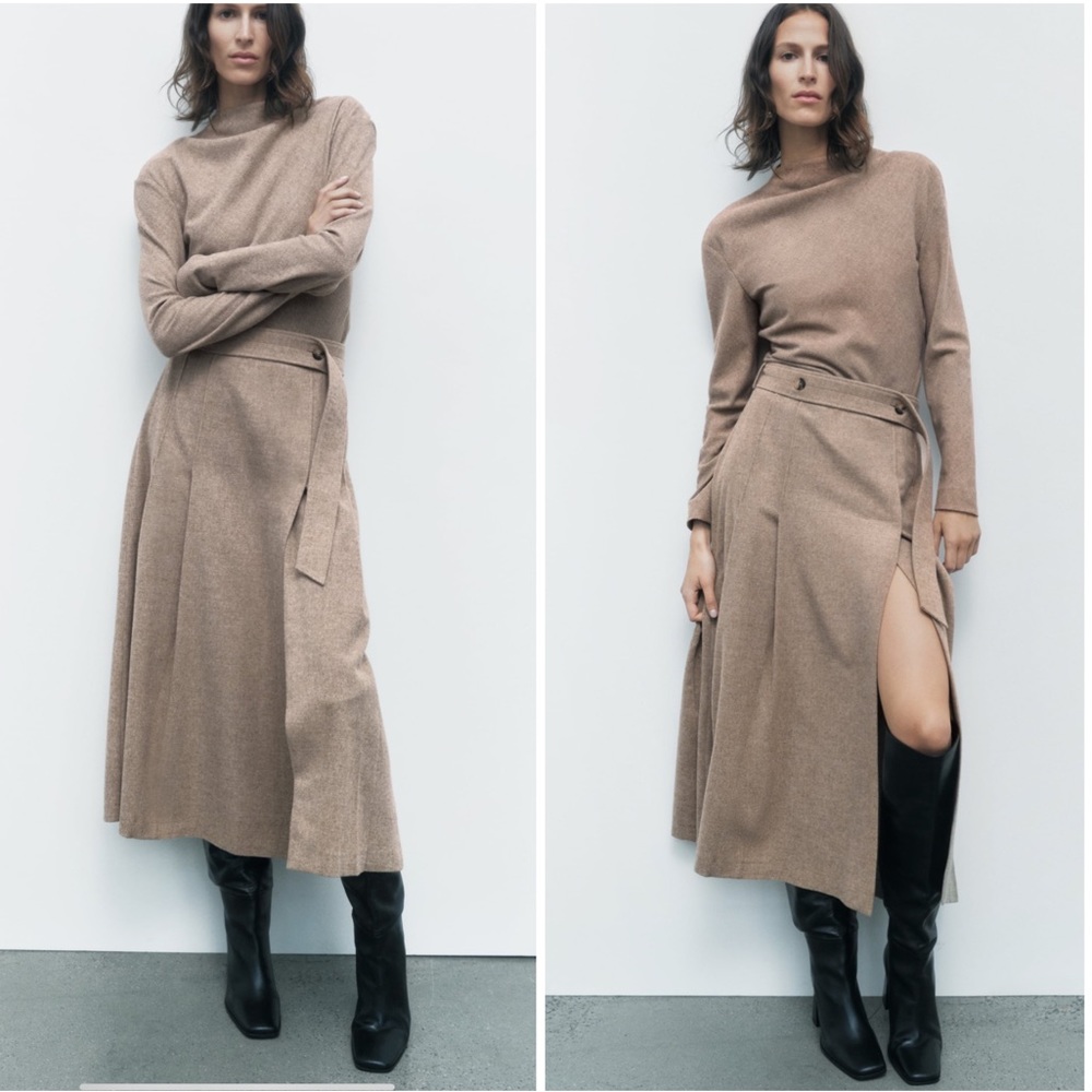 Zara wool blend high waist belted midi skirt designer